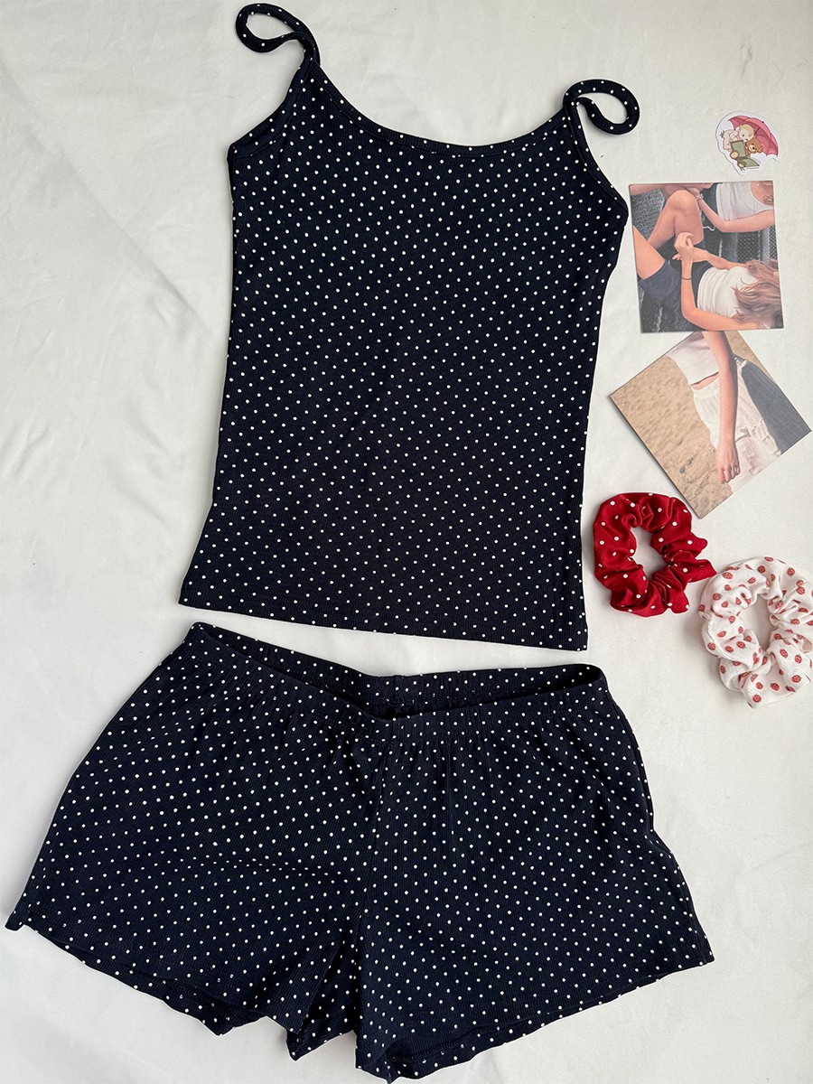Navy Dot Ribbed Shorts Sets Wo - مراجعة Tank Top Ribbed وسعره